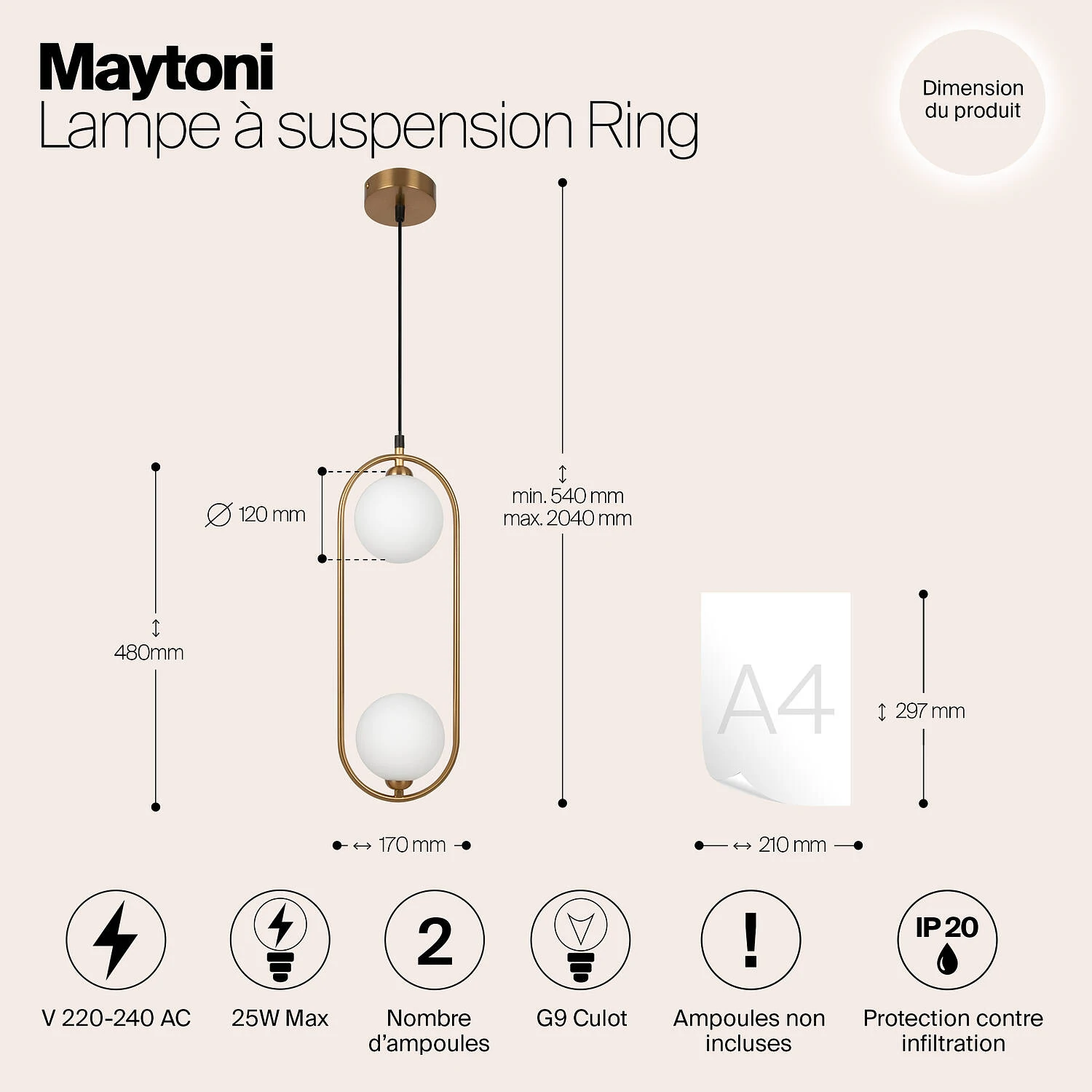 Подвесной светильник Modern Ring, 2xG9 Латунь, Белый (Maytoni, MOD013PL-02BS1) - Amppa.ru