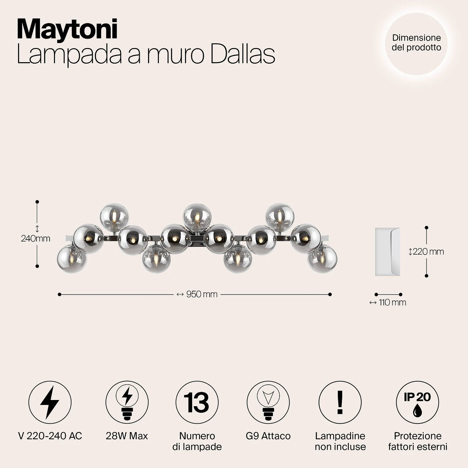 Бра Modern Dallas, 13xG9 Хром, Дымчатый (Maytoni, MOD547WL-13CH) - Amppa.ru